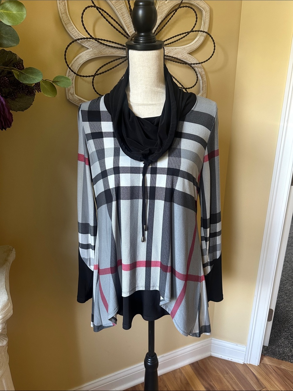 Plaid Tunic Top with Black Cowl Neck